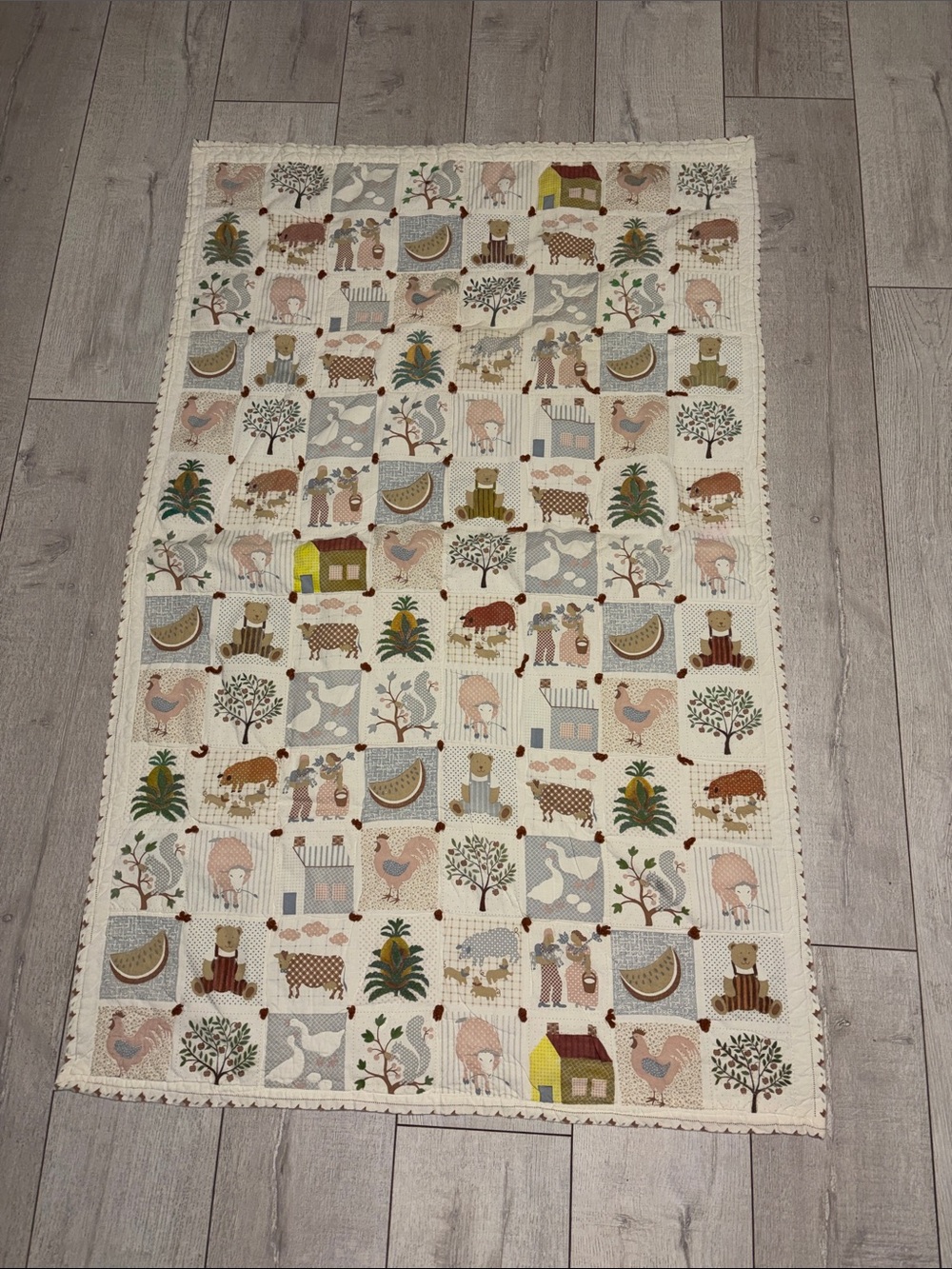 Baby quilt mother goose barnyard woodland animals Americana bear cotton brown 33